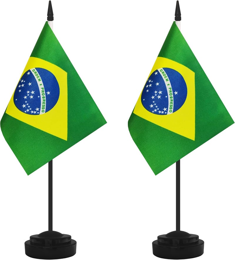 Yamiuo 2 Pack Brazil Desk Flag Set, Brazilian Desktop Small Miniature Table Office Flag with 12" Black Pole and Black Base, Offices, Classroom, Home, Festival Decoration (Brazil) - Image 1